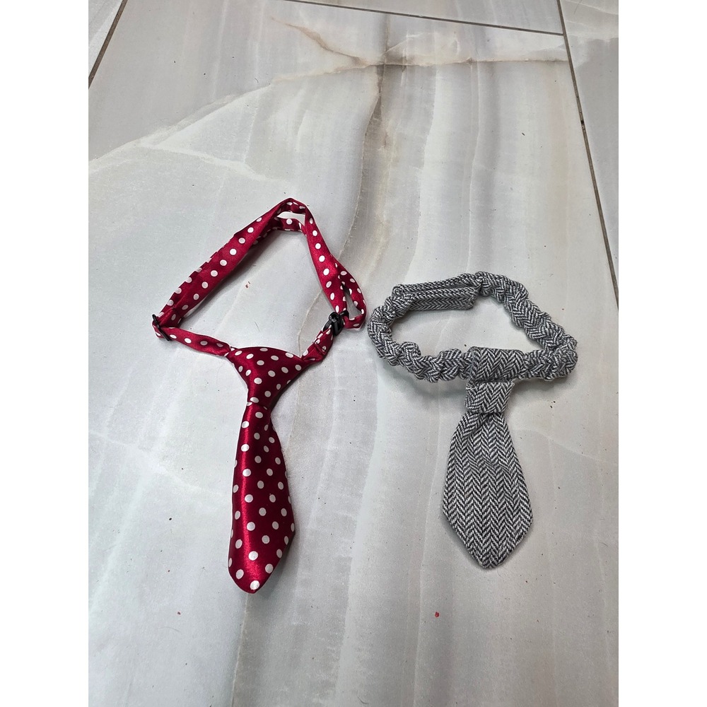 Lot of 2 Pet Neckties Red Polka Dot and Grey Herringbone for Small Dogs Cats A2 - Picture 4 of 16